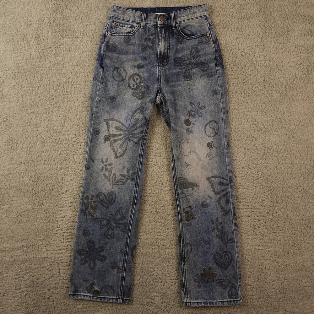 BDG Jeans Womens 26 Blue Cowboy Graffiti AOP Embroidered Urban Outfitters Denim